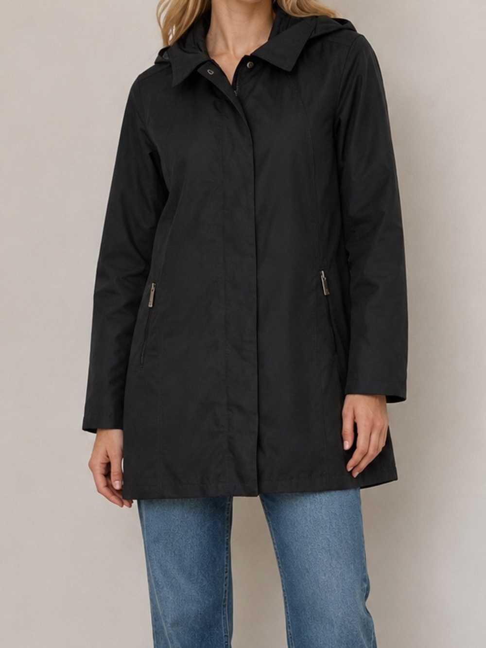 Eddie Bauer Black Hooded Rain Coat Large